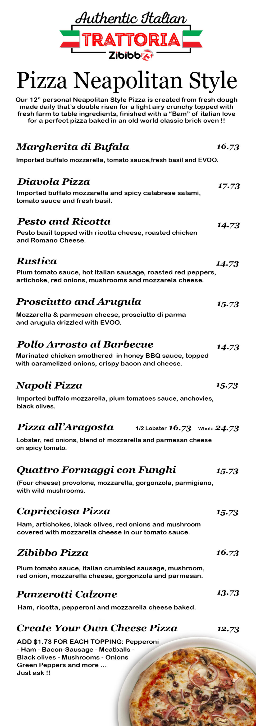 Pizza menu | Zibibbo 73